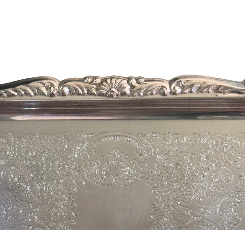 Vintage Vintage Silver Plate Rectangular Serving Tray Etched Scroll Shells